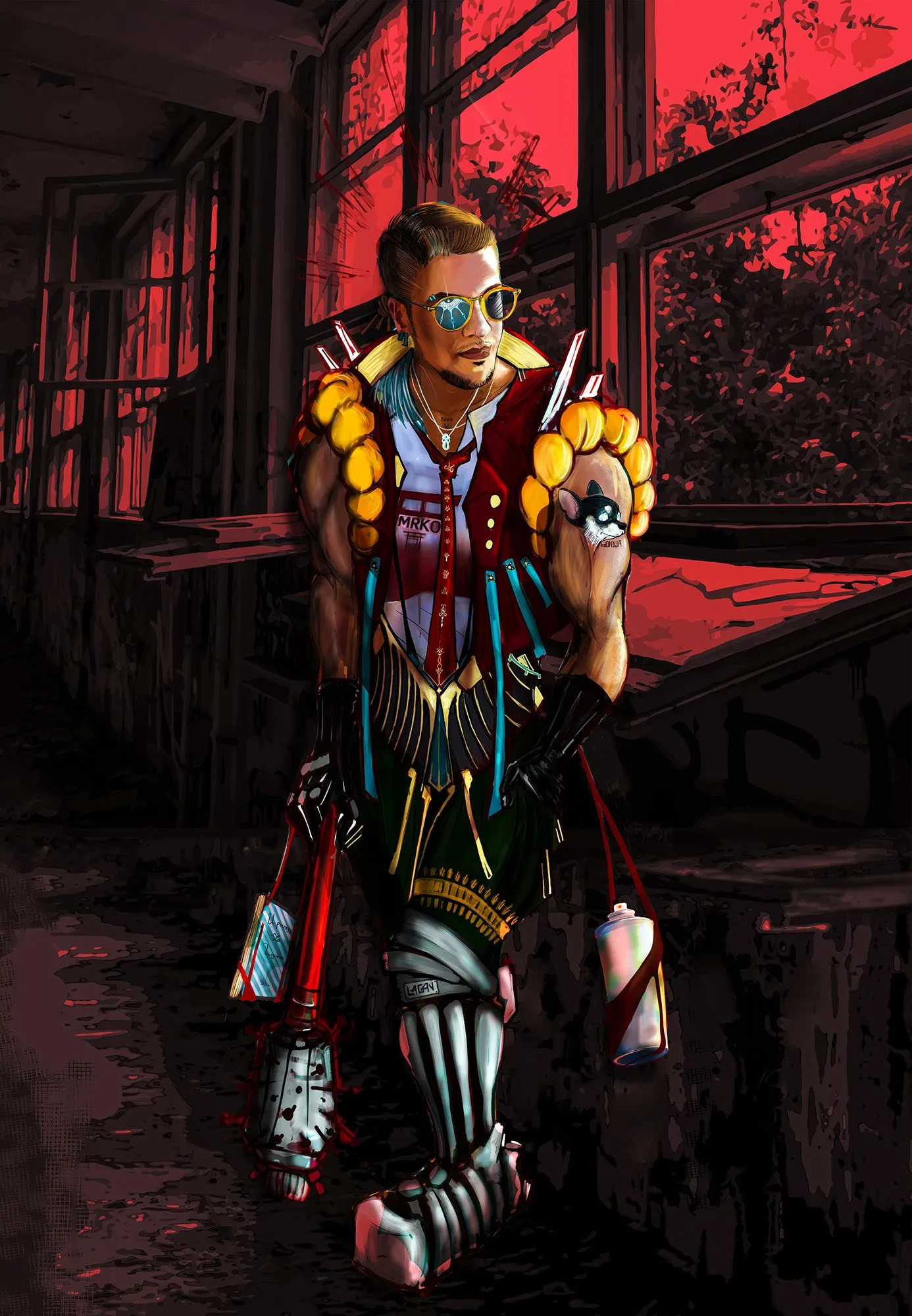 Character illustration in a red room