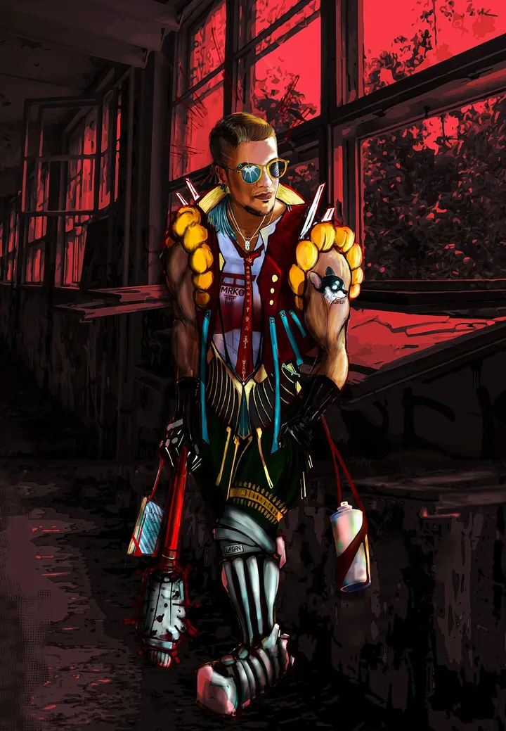 Character illustration in a red room