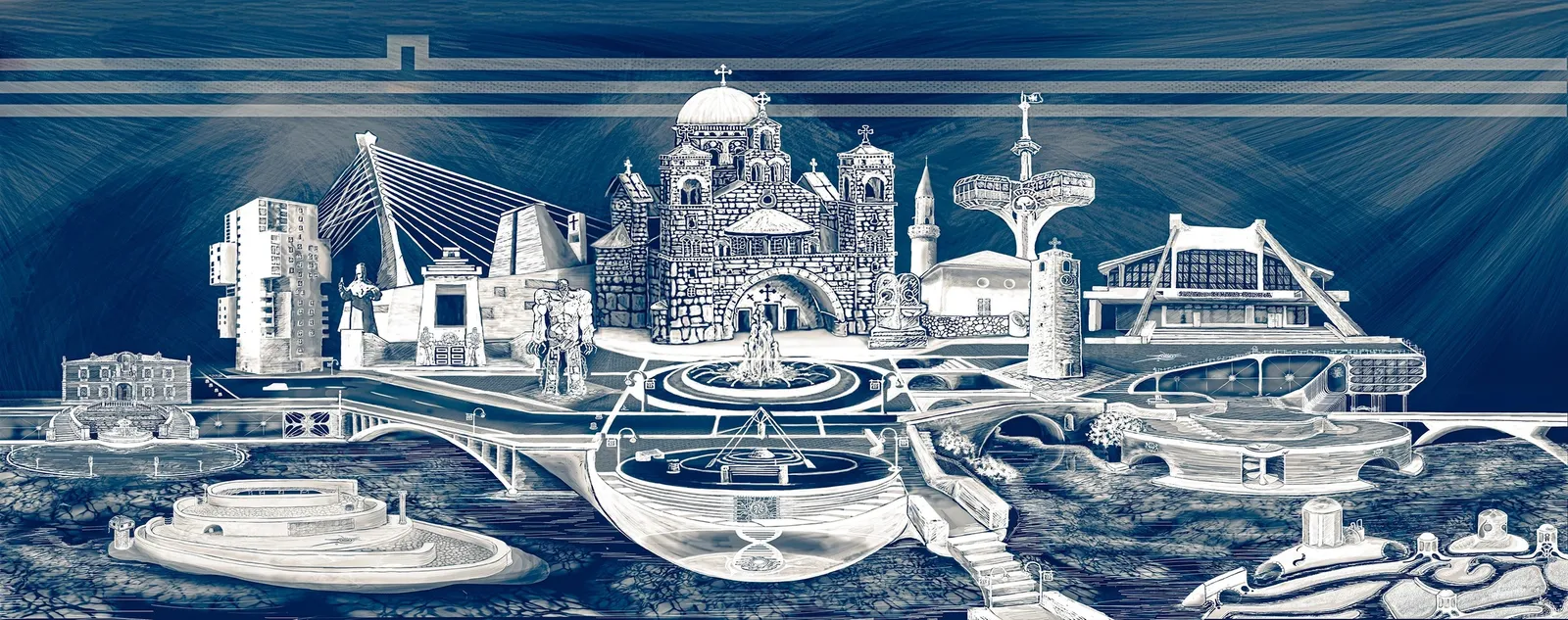Hand-drawn line illustration of Podgorica landmarks