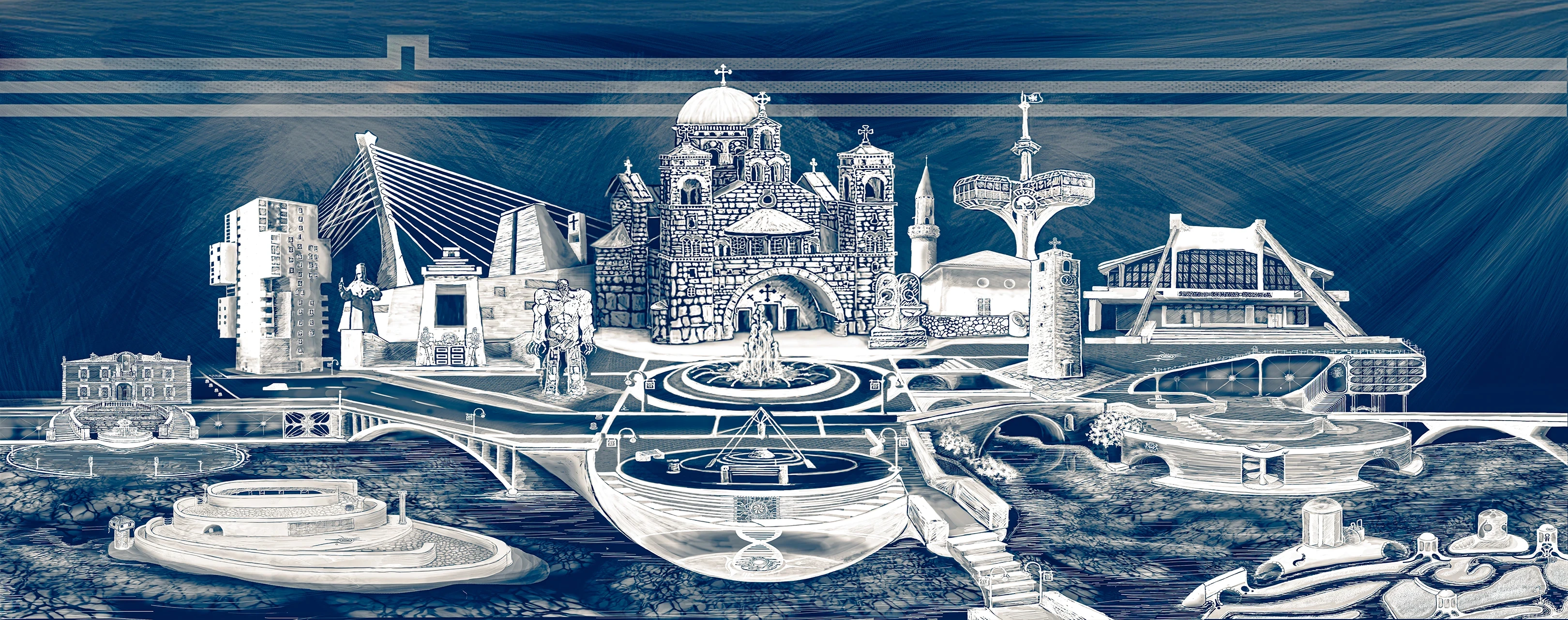 Hand-drawn line illustration of Podgorica landmarks